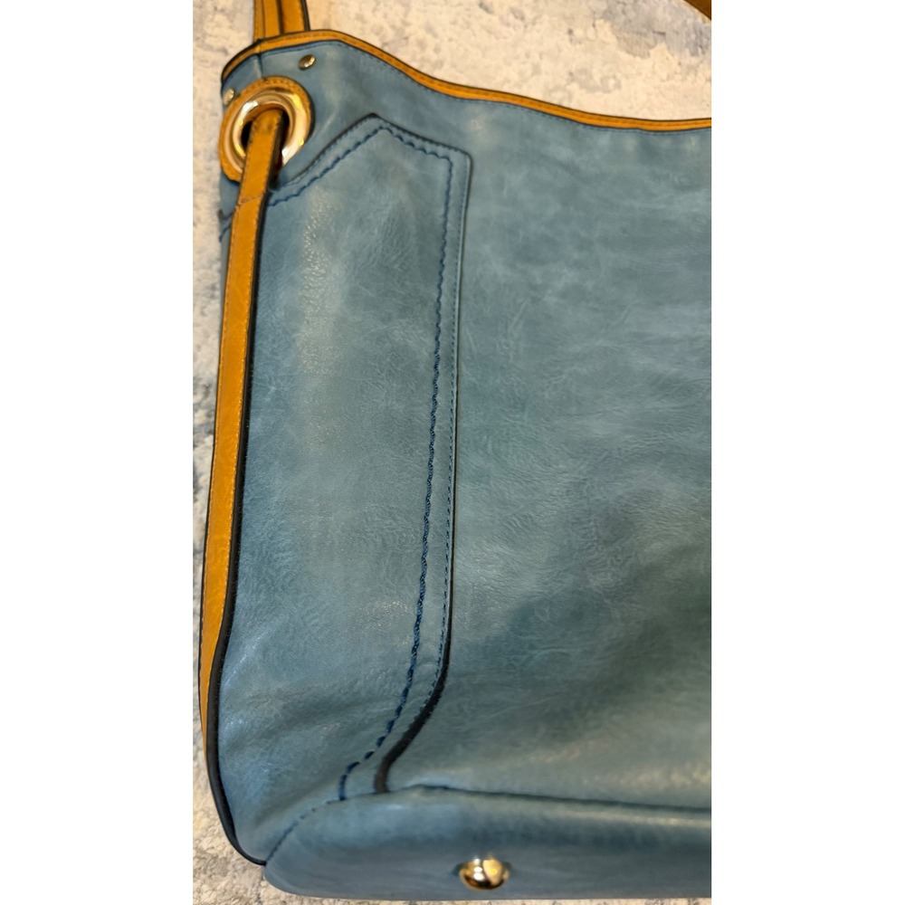 Slate Blue and Mustard Yellow Vegan Leather Hobo Bag with Chevron Lining - Picture 3 of 7